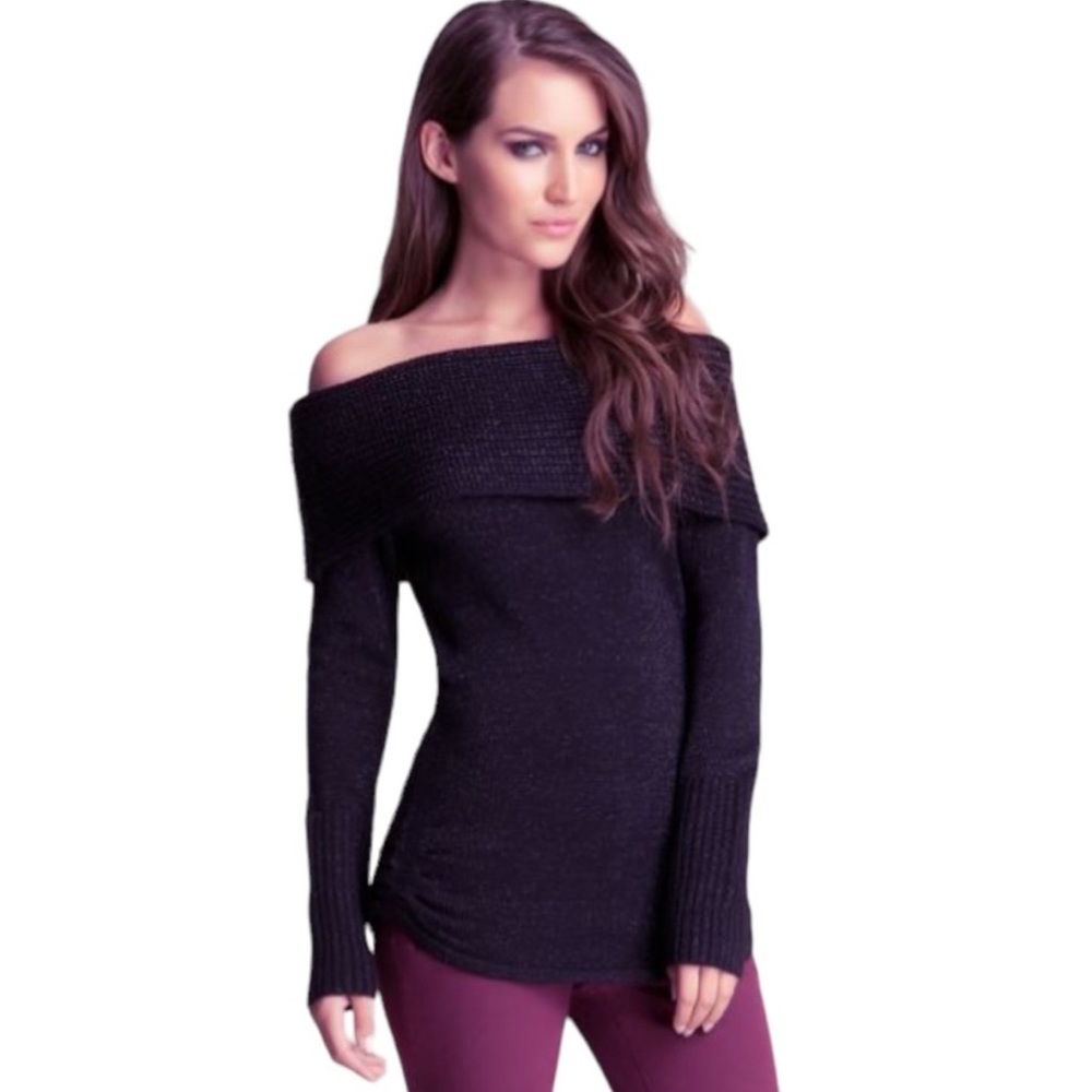 Bebe Black Shimmer Luxe Midtown Cowl Neck Off The Shoulder Sweater Size Small